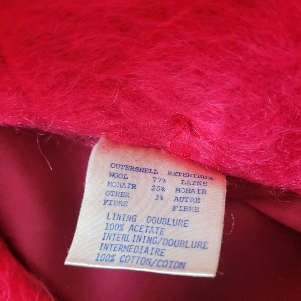 Vintage 80s Mohair Wool Women's Double Breasted Belted Fuchsia Pink Trench Coat - Picture 9 of 11
